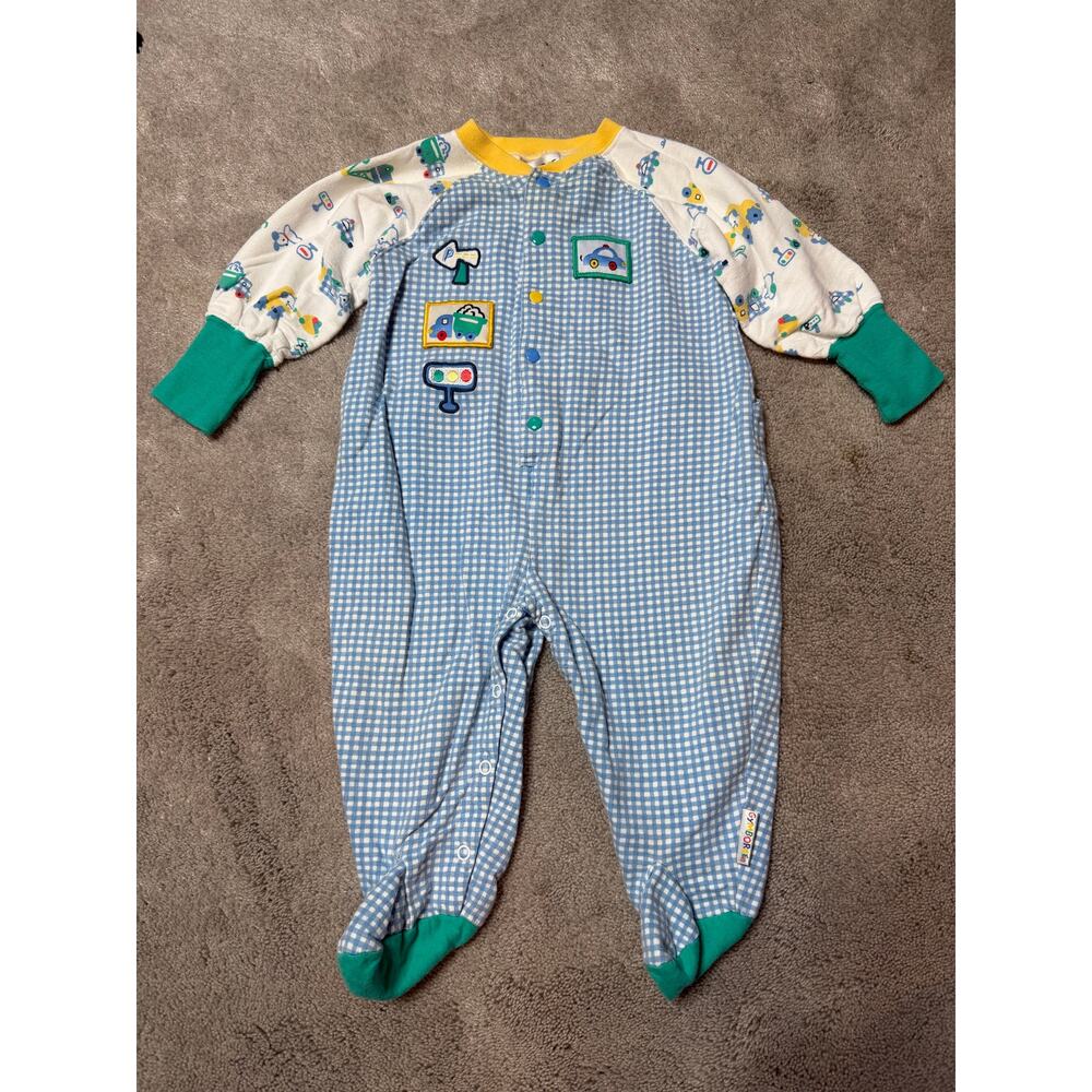 Vintage Rainbow Gymboree Infant Boys Blue Green Plaid Trucks One Piece 6-12 mo